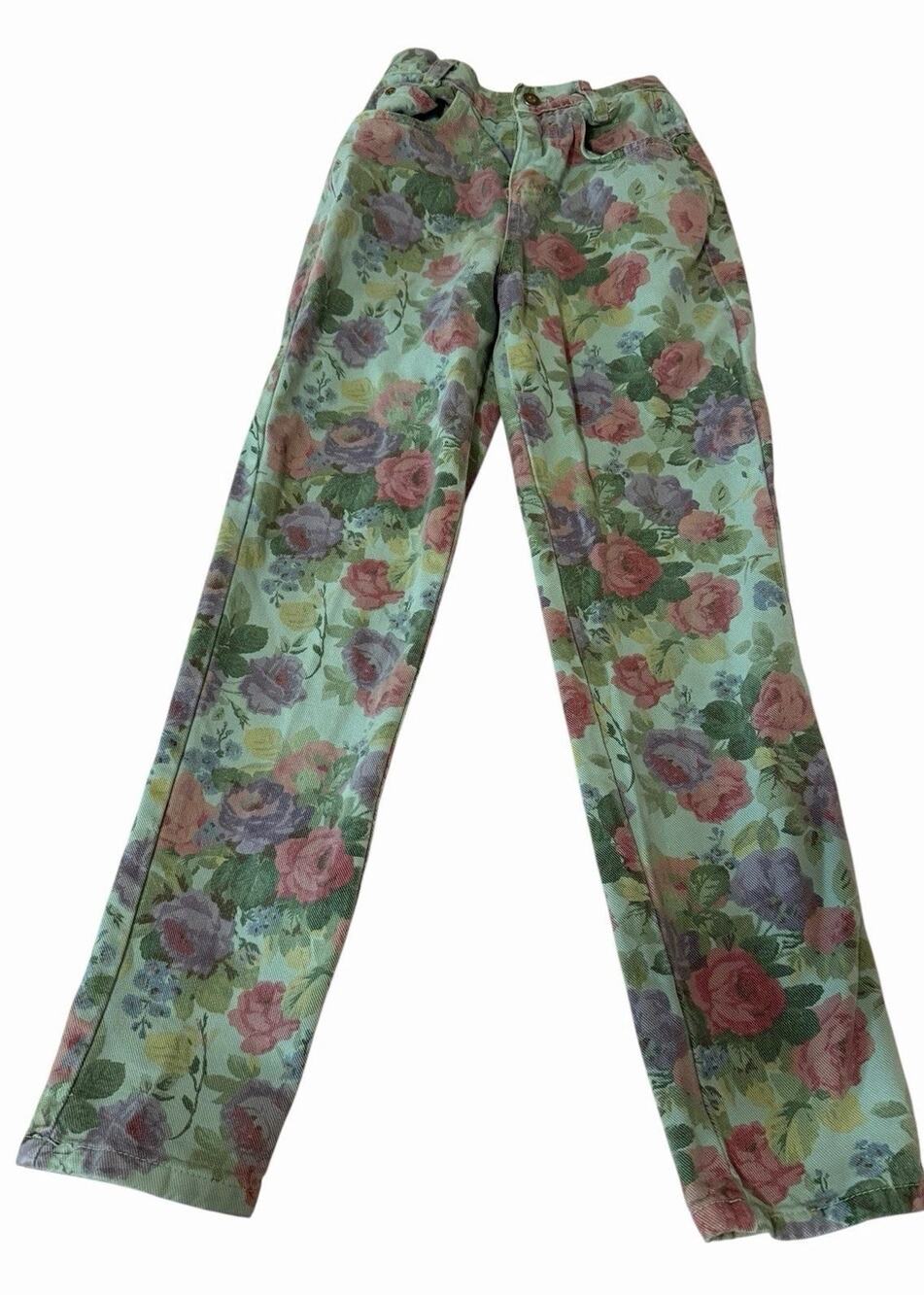 Vintage 90s Sz 7 Girls Michael G High Rise Floral Denim Jeans Flower Pink Green